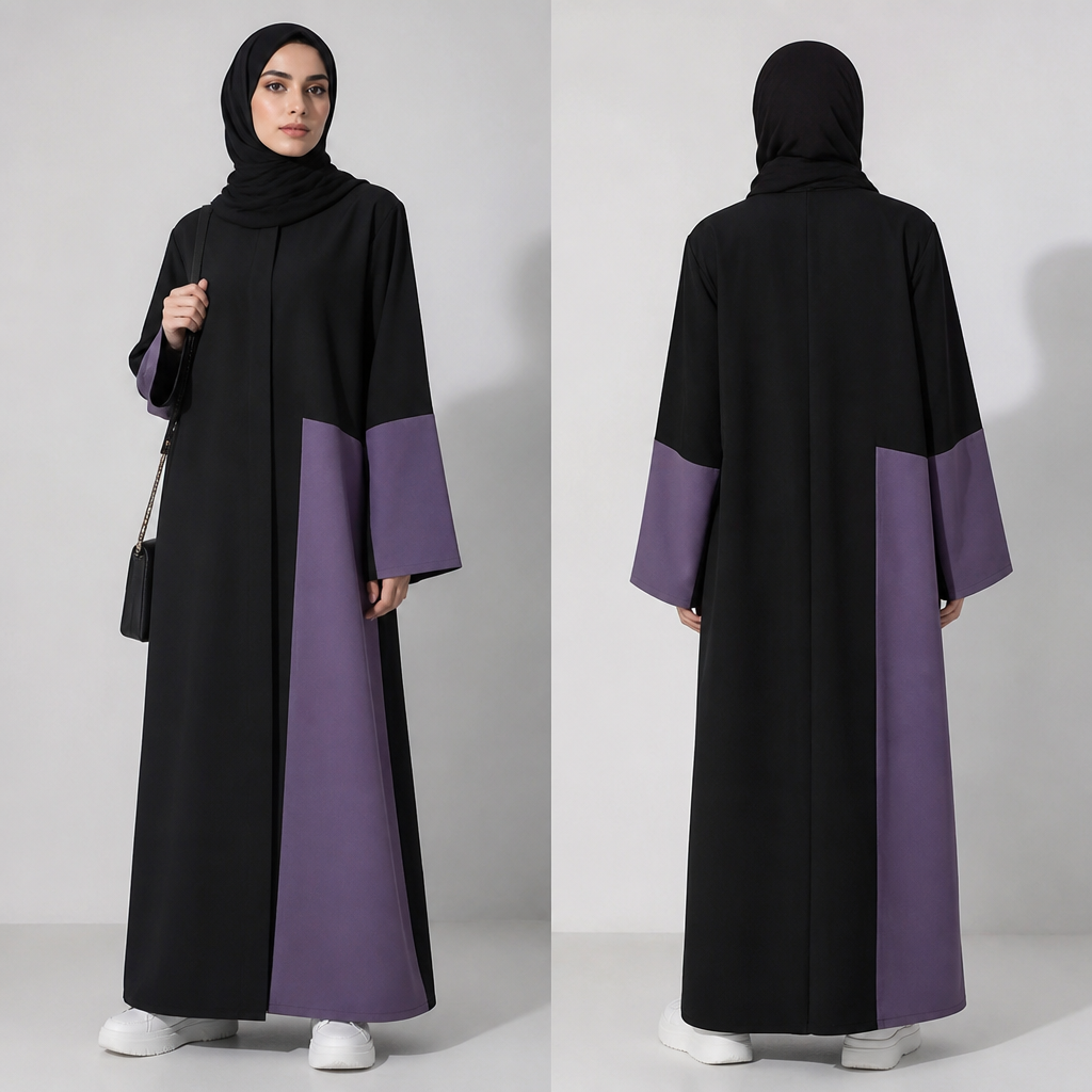 Modern black abaya with muted lavender panels placed asymmetrically on the sleeves and one side of the abaya, straight relaxed silhouette, structured sleeves, clean modern lines, stylish university fashion, not flared, not a dress, front and back view.
photorealistic fashion design, Modern black abaya with muted lavender panels placed asymmetrically on the sleeves and one side of the abaya, straight relaxed silhouette, structured sleeves, clean modern lines, stylish university fashion, not flared, not a dress, front and back view., just the design no text, show front and back