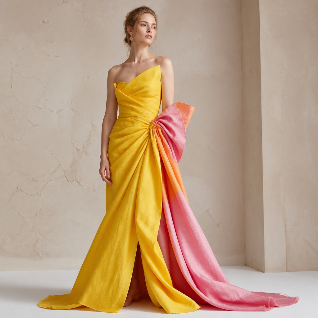 A Dress design, made of Linen, with a sleek, smooth finish, with a Relaxed silhouette, in a Bold & Bright color palette, for Festival, suited to a Humid climate, in Glamorous + Artsy style, shown on a model with fair skin and a slim figure. bardzo droga sukienka z oryginalnym kształtem na premierę filmu, sukienka zawiera parę warstw orać szycie na prawym boku. Gorset pod wszystkim umożliwia zachowanie talii i uczucia komfortu przez długi czas. Sukienka ma niestandardowy krój i jest długa. Present it as professional fashion catalogue photography: the garment is the subject, shown full-length with editorial styling, neutral posing and tasteful, non-suggestive framing.
photorealistic fashion design, A Dress design, made of Linen, with a sleek, smooth finish, with a Relaxed silhouette, in a Bold & Bright color palette, for Festival, suited to a Humid climate, in Glamorous + Artsy style, shown on a model with fair skin and a slim figure. bardzo droga sukienka z oryginalnym kształtem na premierę filmu, sukienka zawiera parę warstw orać szycie na prawym boku. Gorset pod wszystkim umożliwia zachowanie talii i uczucia komfortu przez długi czas. Sukienka ma niestandardowy krój i jest długa. Present it as professional fashion catalogue photography: the garment is the subject, shown full-length with editorial styling, neutral posing and tasteful, non-suggestive framing., glamorous style, just the design no text