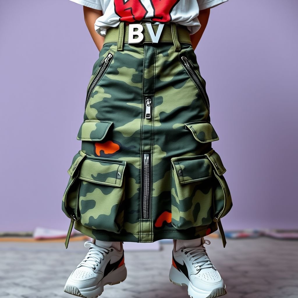 Camo skirt with pockets and zippers. Give it a 90’s YK2 look. Give it a belt that has BV on it
Design an edgy streetwear camo skirt inspired by 90s Y2K vibes, featuring oversized pockets and bold zippers. The silhouette should blend utility with flair, incorporating a statement belt adorned with the initials "BV." Pair it with vibrant graphic tees and chunky sneakers, embodying urban culture and carefree rebellion.