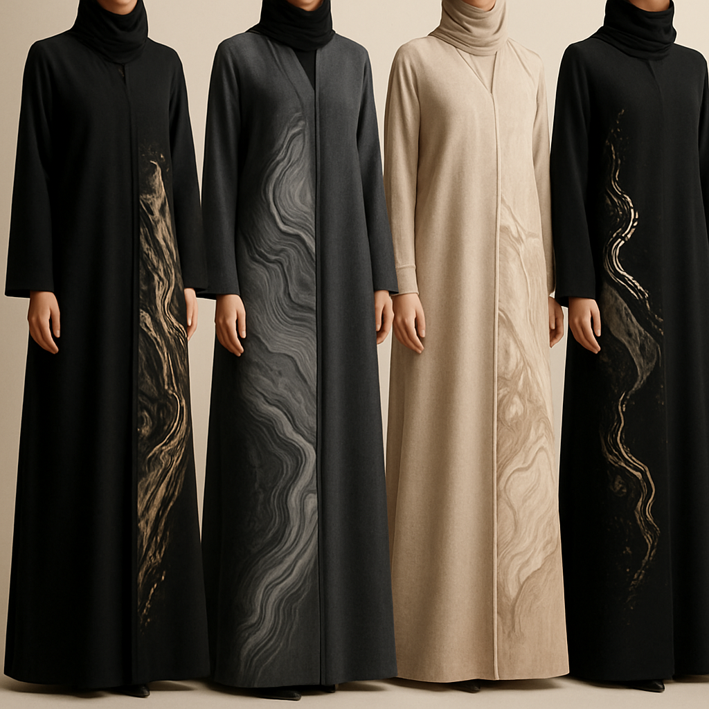 Create a modest abaya, the first of its kind, featuring a unique stone design that exudes a classy and sophisticated vibe. I'd like four designs, each showcasing different styles and fabrics. Incorporate high-end, unique chic stone designs to make them truly special. Add little sophisticated stone designs.
Create a modest abaya, the first of its kind, featuring a unique stone design that exudes a classy and sophisticated vibe. I'd like four designs, each showcasing different styles and fabrics. Incorporate high-end, unique chic stone designs to make them truly special. Add little sophisticated stone designs.