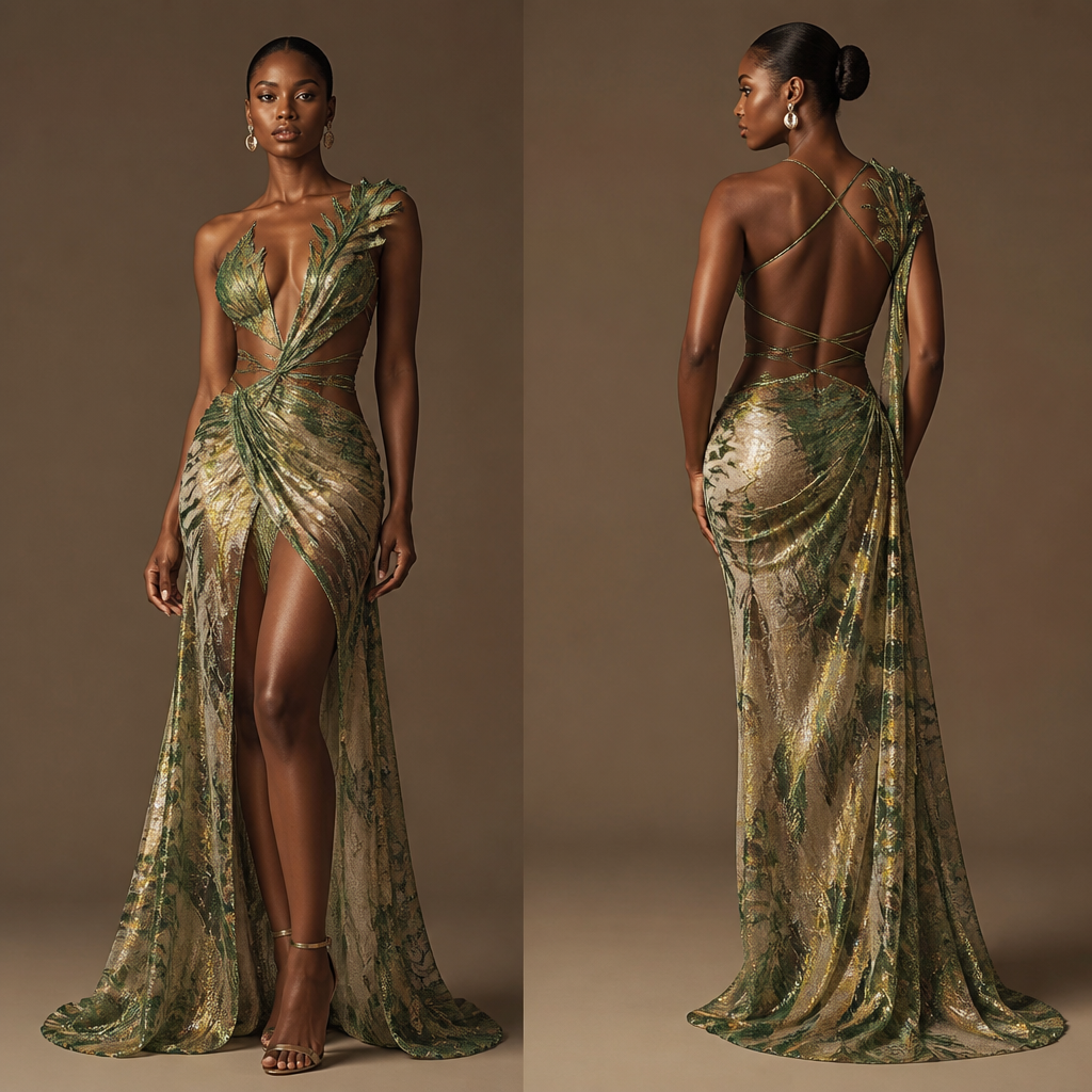 A Unisex Dress design, suitable for Summer, in Glamorous style. a glamorous evening gown with open back and a split. Nigeria fashion aesthetics.
photorealistic fashion design, A Unisex Dress design, suitable for Summer, in Glamorous style. a glamorous evening gown with open back and a split. Nigeria fashion aesthetics., glamorous style, just the design no text