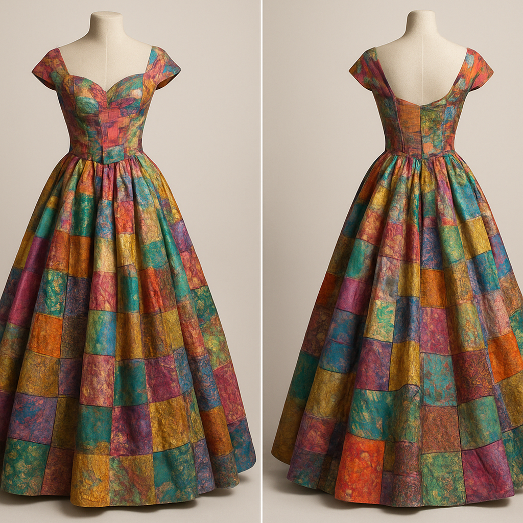 Create a colorful gown made from scrap fabric with iridescent touches
Create a colorful gown made from scrap fabric with iridescent touches, classic style, show front and back