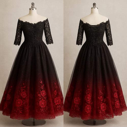 Lace Black A-line off-the-shoulder 1/3 lace sleeves wedding dress with detachable skirt revealing a shorter dress. Corset back, with embroidered sequin beading on the top. The bottom fades into red with embroidered red sequined roses.