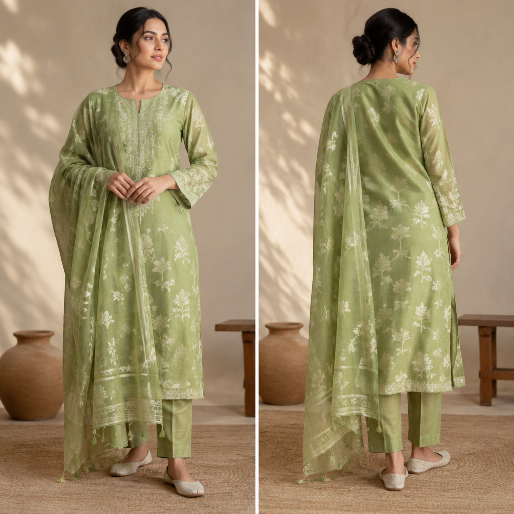 A Female Dress design, suitable for Summer. Consider Bangladeshi fashion — jamdani saree, salwar kameez; muslin and cotton traditions; vibrant draping styles. Design with modest coverage. Present it as professional fashion catalogue photography: the garment is the subject, shown full-length with editorial styling, neutral posing and tasteful, non-suggestive framing.
photorealistic fashion design, A Female Dress design, suitable for Summer. Consider Bangladeshi fashion — jamdani saree, salwar kameez; muslin and cotton traditions; vibrant draping styles. Design with modest coverage. Present it as professional fashion catalogue photography: the garment is the subject, shown full-length with editorial styling, neutral posing and tasteful, non-suggestive framing., just the design no text