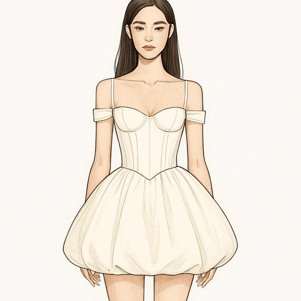 Mini dress with corset top Bardot thin straps sitting below shoulders
Skirt part to be puffball
Corset longer and straight across at end
Mini dress with corset top Bardot thin straps sitting below shoulders
Skirt part to be puffball
Corset longer and straight across at end