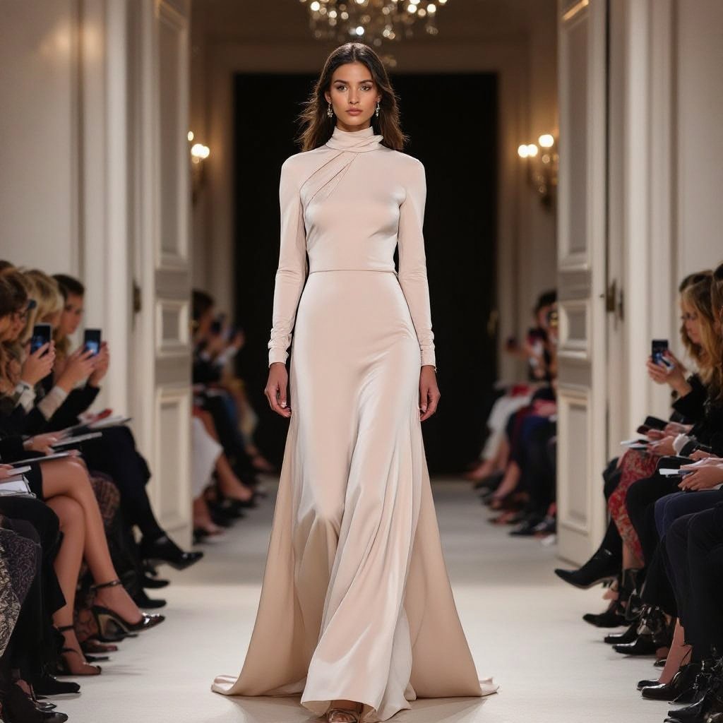 A dress
Elegant fashion: A dress in silk, floor-length, with a high neckline and long sleeves, in a solid color.