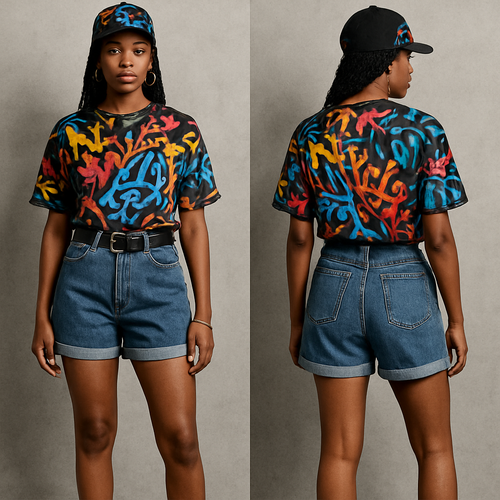 Black woman 
Graffiti shirt
Shorts 
Belt 
Gym shoes 
hat with design 
Gold jewelry 
