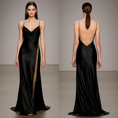 Long silk backless dress with black and gold accents