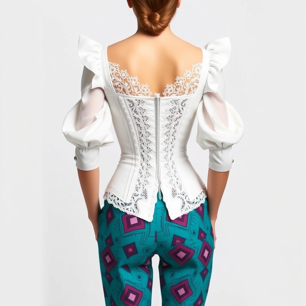 Create a white corset top with sweetheart collar and it should be very sexy with teal trousers not much details on the trousers yet patterned fabric. The top should have cute little sleeves and the corset lace should be at the back not the front.
Design a stunning white corset top with a romantic sweetheart collar and delicate puff sleeves, exuding sultry elegance. The back showcases intricate lace detailing, creating an alluring fit. Pair it with vibrant teal trousers featuring a whimsical geometric pattern, adding a playful, modern twist, making the outfit perfect for a chic night out.