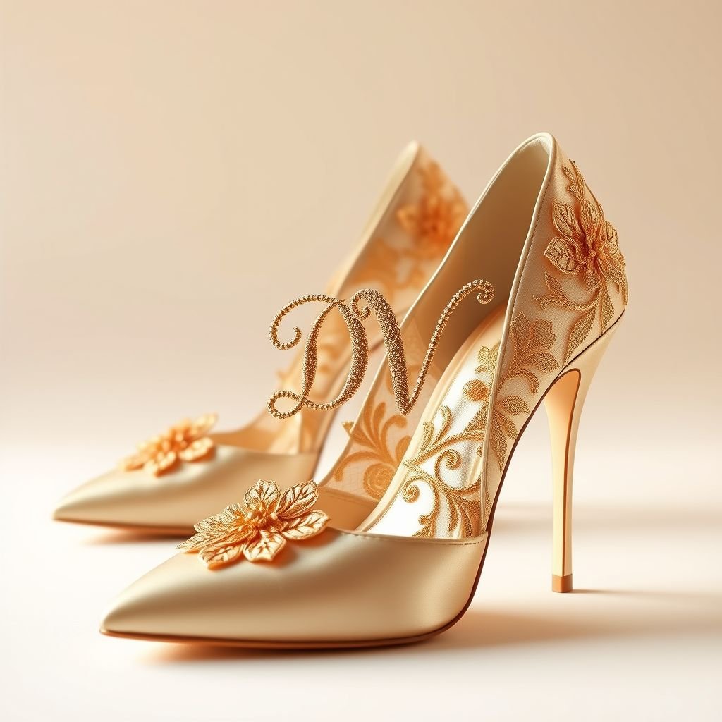High heels, with lace on it. Put the initial “DV” on it.
Design an elegant pair of formal high heels crafted from lustrous satin, adorned with intricate lace accents. The heels should feature a sleek silhouette, exuding sophistication and grace. Embellish the design with the initials “DV” in opulent gold embroidery, creating a chic statement piece that embodies luxury and refinement for upscale occasions.