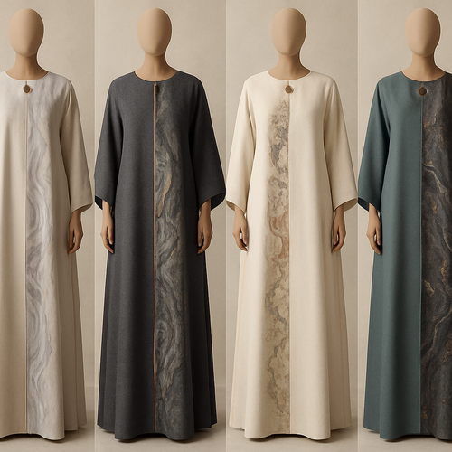 Create a modest boubou, the first of its kind, featuring a unique stone design that exudes a classy and sophisticated vibe. I'd like four designs, each showcasing different styles and fabrics. Incorporate high-end, unique chic stone designs to make them truly special. Add little sophisticated stone designs.