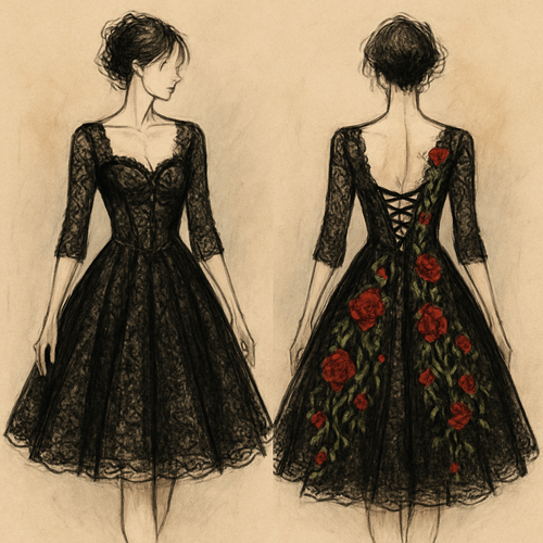 Lace swing dress,black color, champagne underline, 1/3 sleeves. With red roses and green vines embroidered cascading down the back of the dress. Corset top and lace up back.