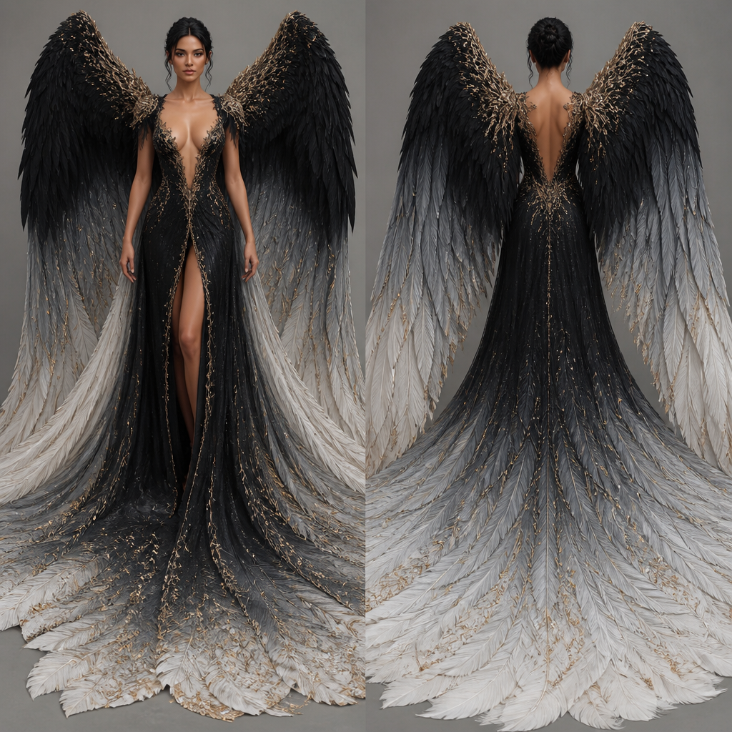 Suite style floor length gown in black low cut in the front high slit in the front middle extremely large black wings that drag on the floor at least 5 metres long with an ombré from black to grey to white they must look like they are heavy with accents of gold show me the front and back
photorealistic fashion design, Suite style floor length gown in black low cut in the front high slit in the front middle extremely large black wings that drag on the floor at least 5 metres long with an ombré from black to grey to white they must look like they are heavy with accents of gold show me the front and back
, just the design no text