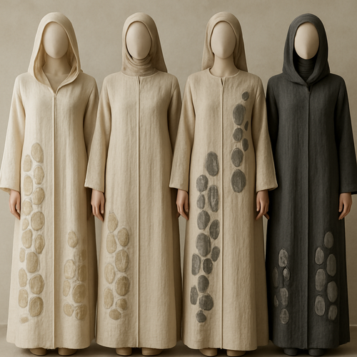 Create a modest two-piece linen abaya, the first of its kind, featuring a unique stone design that exudes a classy and sophisticated vibe. I’d like four designs, each showcasing different styles and fabrics. Incorporate high-end, unique chic stone designs to make them truly special. Add little sophisticated stone designs.