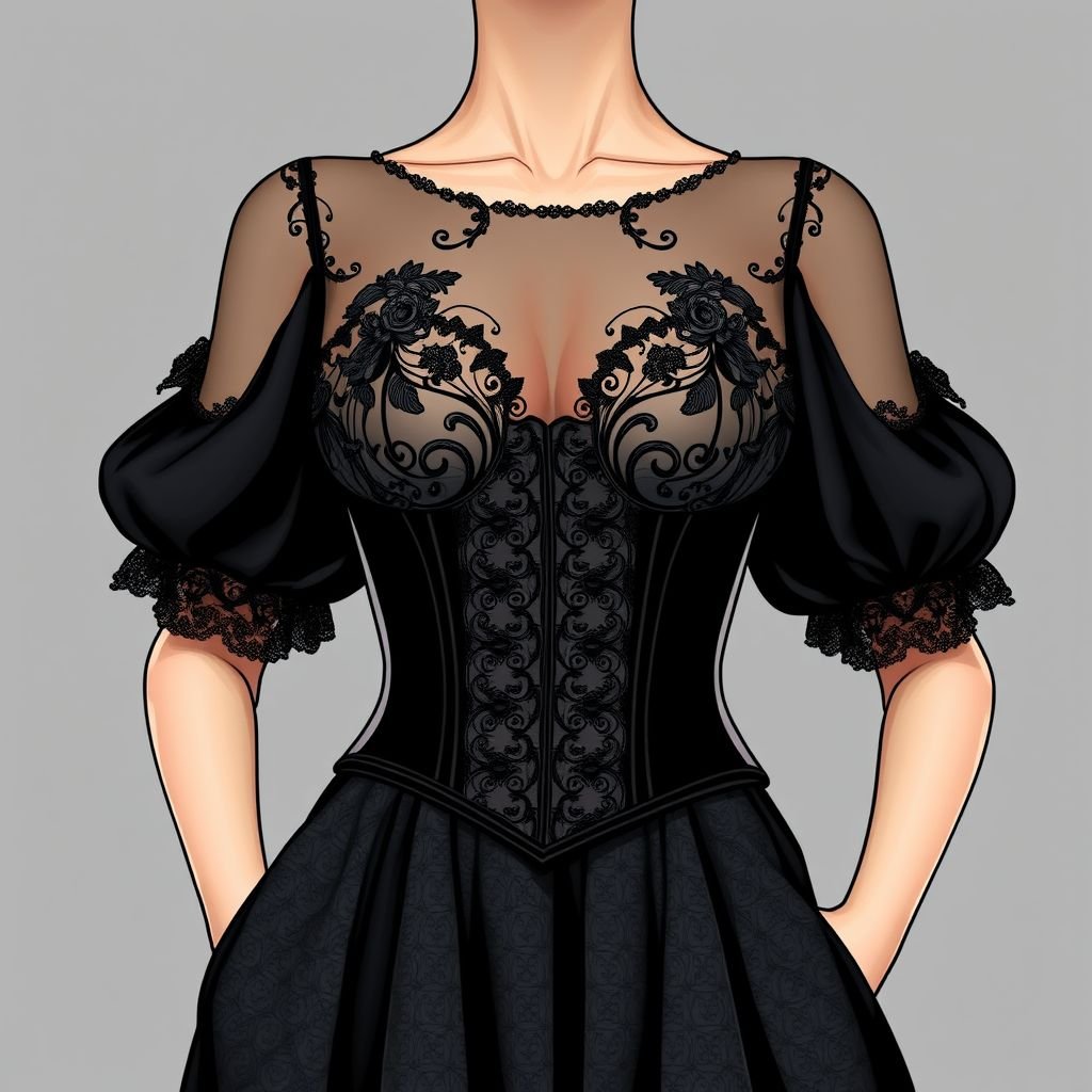Corset in black and see through with the top part a flowy fabric that drapes over the chest for coverage and can make sleeves to match. The skirt should be textured and flowy
Design an elegant ensemble featuring a refined black corset with sheer details, accentuating the waist with delicate lace embroidery. The top transitions into a luxurious, flowing fabric that gracefully drapes over the chest, with opulent, detachable sleeves. Complete the look with a textured, floor-length skirt that cascades effortlessly, evoking sophistication and grace.