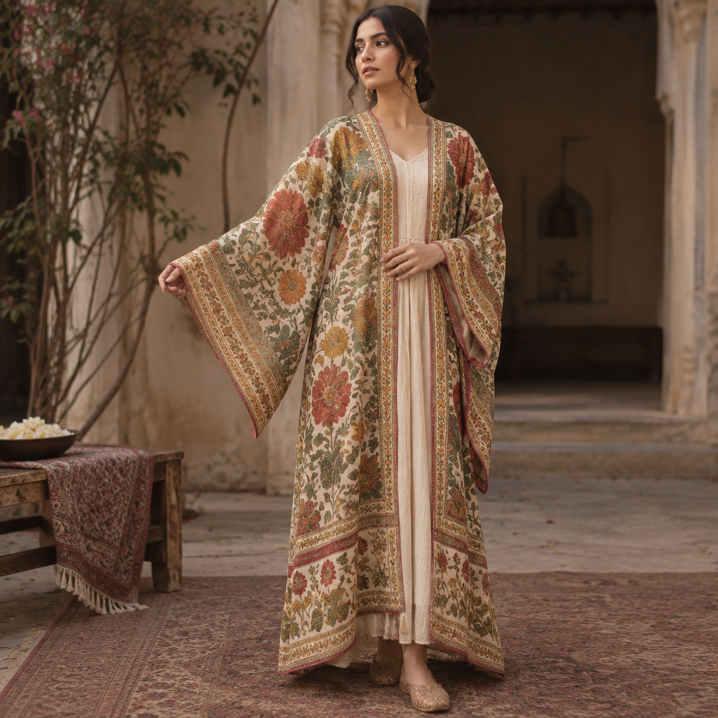 A Female Kimono design, suitable for Fall, in Cottagecore style. India fashion aesthetics. Present it as professional fashion catalogue photography: the garment is the subject, shown full-length with editorial styling, neutral posing and tasteful, non-suggestive framing.
photorealistic fashion design, A Female Kimono design, suitable for Fall, in Cottagecore style. India fashion aesthetics. Present it as professional fashion catalogue photography: the garment is the subject, shown full-length with editorial styling, neutral posing and tasteful, non-suggestive framing., cottagecore style, just the design no text