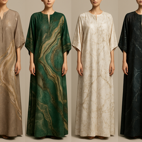 Create a modest boubou, the first of its kind, featuring a unique stone design that exudes a classy and sophisticated vibe. I'd like four designs, each showcasing different styles and fabrics. Incorporate high-end, unique chic stone designs to make them truly special. Add little sophisticated stone designs.