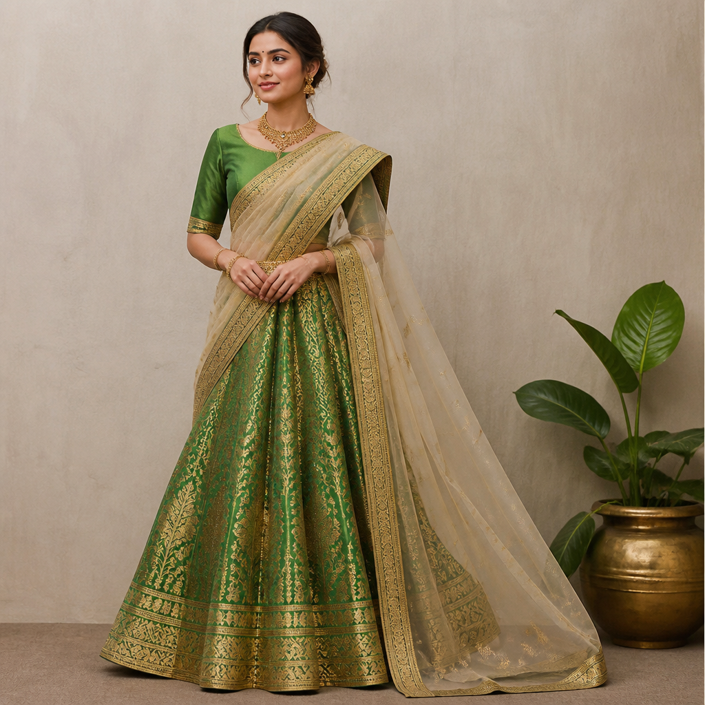 A Skirt design, in Indian style. green banaras half saree I need reference photo I have added that is the exact fabric which I need make it as a half saree Pair it with a suitable dhuppata. India fashion aesthetics. Design with modest coverage.
photorealistic fashion design, A Skirt design, in Indian style. green banaras half saree I need reference photo I have added that is the exact fabric which I need make it as a half saree Pair it with a suitable dhuppata. India fashion aesthetics. Design with modest coverage., indian style, just the design no text