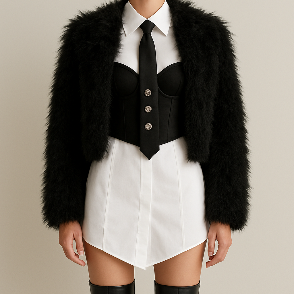 Can you do a white fitted shirt dress with a large collar, with a black slightly crop corset top with thin straps over it, and a black tie with knee high boots
Longer corset with cup details and the shirt dress slightly shorter coming down in a slight v shape at the front and three big jewels going down vertically on the tie
Remove lines on shirt and hide buttons
Shirt slightly shorter
Can you put a crop black furry faux jacket over it
Jacket more fluffy and boxy
Perfect just jacket more fluffy longer fluff hairs
Slight more v shape in front end of shirt
Can you do a white fitted shirt dress with a large collar, with a black slightly crop corset top with thin straps over it, and a black tie with knee high boots
Longer corset with cup details and the shirt dress slightly shorter coming down in a slight v shape at the front and three big jewels going down vertically on the tie
Remove lines on shirt and hide buttons
Shirt slightly shorter
Can you put a crop black furry faux jacket over it
Jacket more fluffy and boxy
Perfect just jacket more fluffy longer fluff hairs
Slight more v shape in front end of shirt