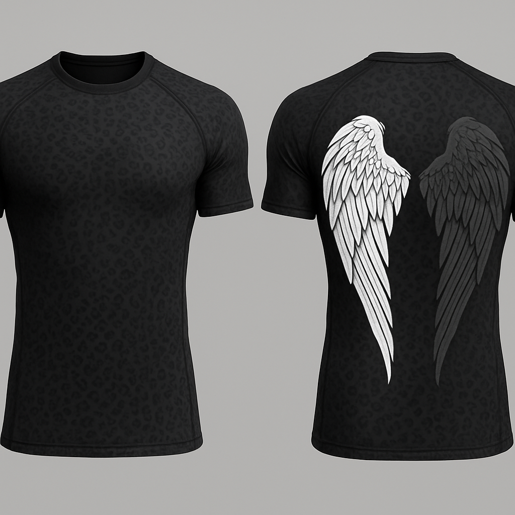 Black base short sleeve compression jujitsu rash guard shirt. 2 angle wings on the back, one white and the other dark gray. Make the wings kinda form a shape of a heart without making it too obnoxious so the wings look natural still 

Little less of a heart shape and make the wings come down almost to the bottom of the shirt 

 Can you make the shirt a black and gray cheetah print 

Make the cheetah prints smaller, more subtle 

Black base short sleeve compression jujitsu rash guard shirt. 2 angle wings on the back, one white and the other dark gray. Make the wings kinda form a shape of a heart without making it too obnoxious so the wings look natural still 

Little less of a heart shape and make the wings come down almost to the bottom of the shirt 

 Can you make the shirt a black and gray cheetah print 

Make the cheetah prints smaller, more subtle , skater style, show front and back