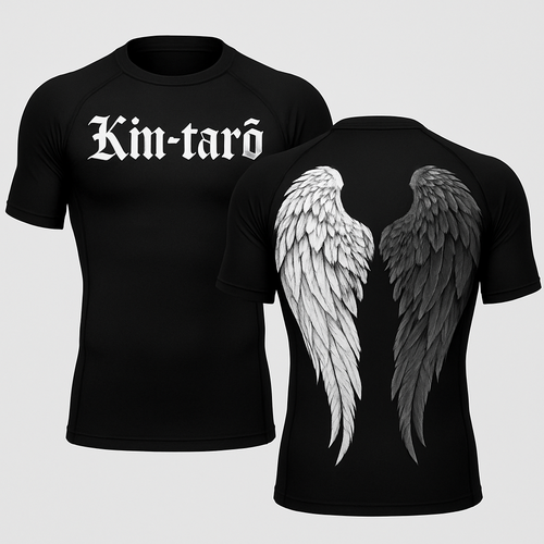Black base short sleeve compression jujitsu rash guard shirt. 2 angle wings on the back, one white and the other dark gray. Make the wings kinda form a shape of a heart without making it too obnoxious so the wings look natural still 

Little less of a heart shape and make the wings come down almost to the bottom of the shirt 

 Make the wings bigger  
  
On the right shoulder/upper chest are I want you to write “Kin-“ and on the opposite left side I want you to write “tarō”