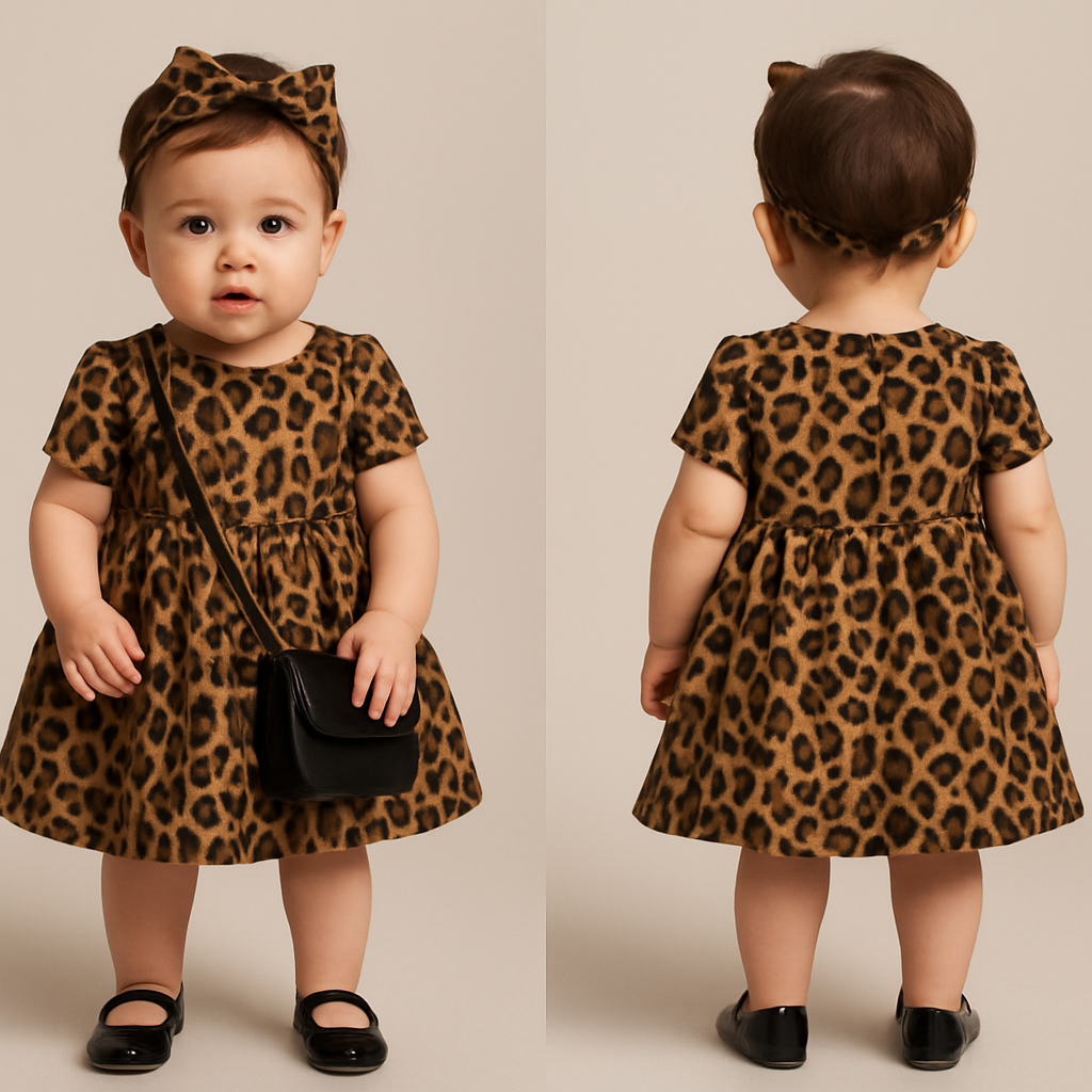 一歳の女の子着用画
袖付きのヒョウ柄のドレス差し色に黒
黒いパンプス
頭にヒョウ柄のアクセサリー
黒いレザーの小さなバック

一歳の女の子着用画
袖付きのヒョウ柄のドレス差し色に黒
黒いパンプス
頭にヒョウ柄のアクセサリー
黒いレザーの小さなバック, show front and back