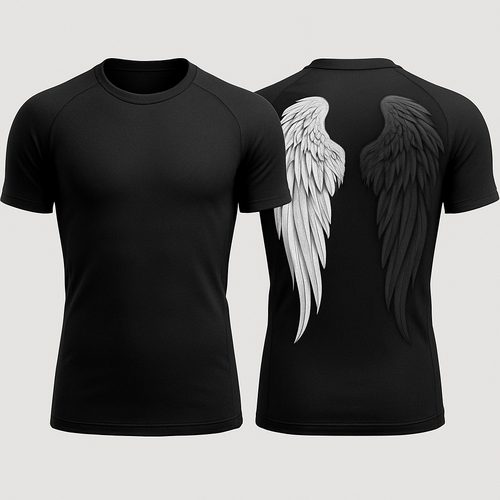 Black base compression fit short sleeve rash guard with angel wings in the back 

Make one wing white and the other black but lighter shade of black compared to the base color 

Make the black wing a little more of a lighter shade 

Still little more lighter 