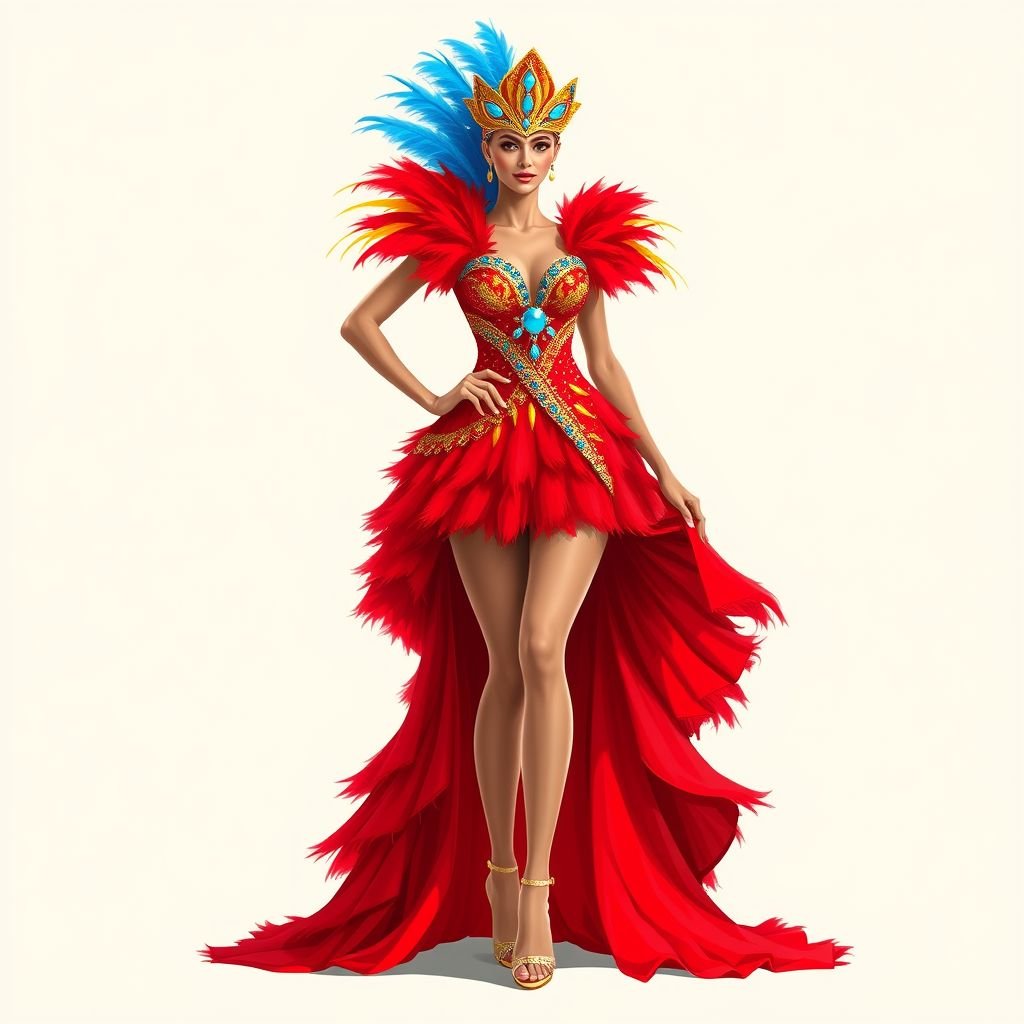 Carnival dress red, rio, gold and blue accents, short dress with train
Design a vibrant carnival dress inspired by Rio's festive spirit, featuring a striking red base adorned with shimmering gold and electric blue accents. The short dress boasts a dramatic train that flows behind, embellished with sequins and feathers, perfect for dancing under the stars at an electrifying festival celebration.