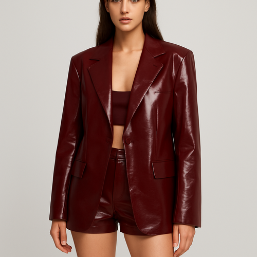 Deep burgundy vinyl short shorts
Matching oversized blazer
Make shorts sit lower on waist
Make blazer longer