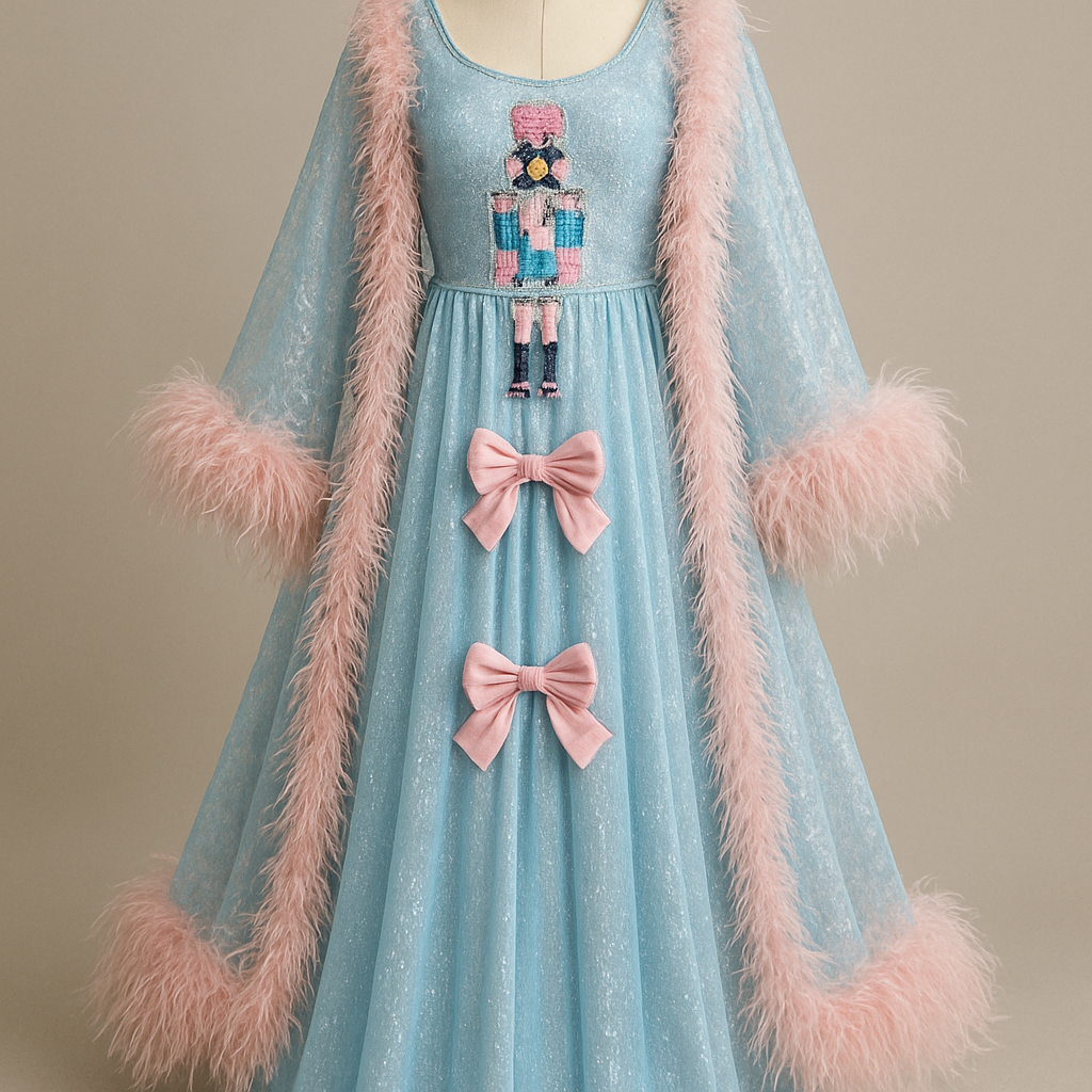 Long sleepwear gown that’s light blue with pink bows. I want the chest to have a sequin baby pink and blue colored nutcracker. I want the gown to be flowy and sparkling. I also want a lace robe in the same color blue but add pink ostrich feathers to the robe outline and sleeves and also add in pink velvet bows. 

I want the gown to be sparkling but the separate robe to be lace with the pink feathers trimming the entire robe. 

Long sleepwear gown that’s light blue with pink bows. I want the chest to have a sequin baby pink and blue colored nutcracker. I want the gown to be flowy and sparkling. I also want a lace robe in the same color blue but add pink ostrich feathers to the robe outline and sleeves and also add in pink velvet bows. 

I want the gown to be sparkling but the separate robe to be lace with the pink feathers trimming the entire robe. , haute_couture style