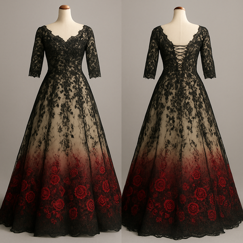 Lace Black A-line 1/3 lace sleeves wedding dress with ivory underlining. Corset back, with embroidered sequin beading on the top. The bottom fades into red with embroidered red sequined roses.