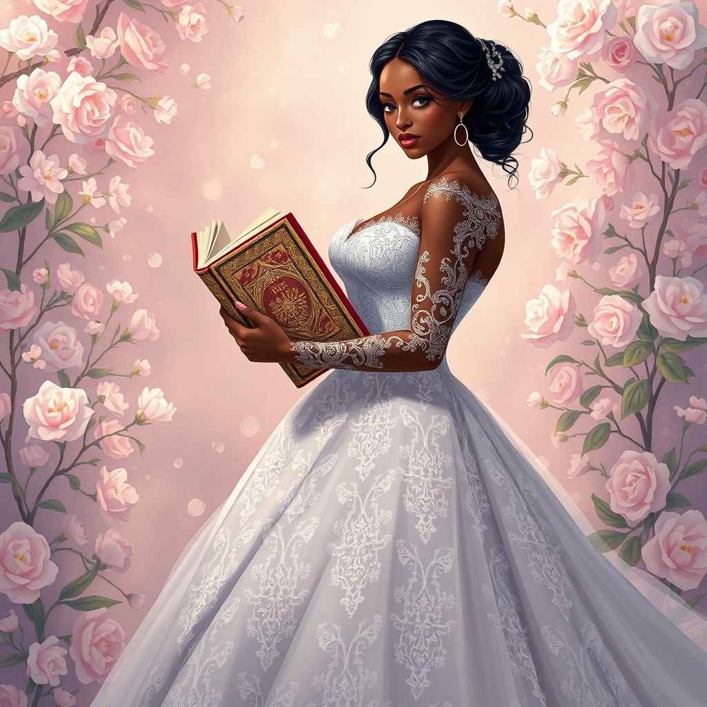 Generate an animated image or illustration of a black bride holding her book in her wedding down
Create a stunning illustration of a black bride in a contemporary wedding gown, featuring intricate lace details and a flowing train. The gown blends traditional elegance with modern silhouettes. She cradles an ornate book adorned with gold filigree, symbolizing her love story, amidst an ethereal setting of blooming flowers and soft, romantic lighting.