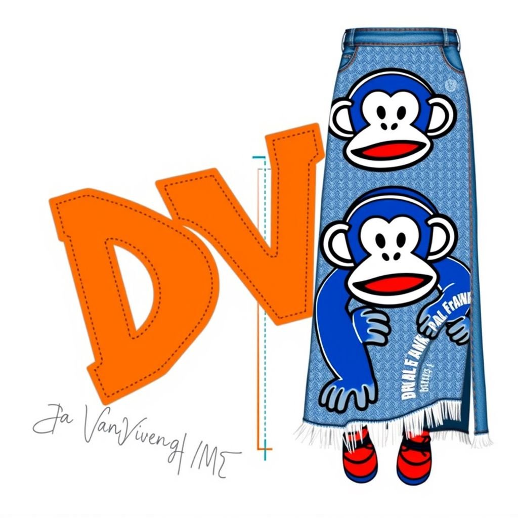 Do a collab with my brand “Da’Vine” or “DV” and “Paul frank” with the monkey symbol. Create a Maxi denim skirt and create a design for the collab on it! With “DV” somewhere on it. Make it orange and blue
Design a bold maxi denim skirt for the urban streetwear brand "Da’Vine" featuring "DV" prominently stitched in striking orange and blue hues. Incorporate the playful Paul Frank monkey symbol in a vibrant, oversized graphic pattern. Emphasize edgy frayed hems and asymmetrical stitching for an authentic, stylish streetwear vibe.