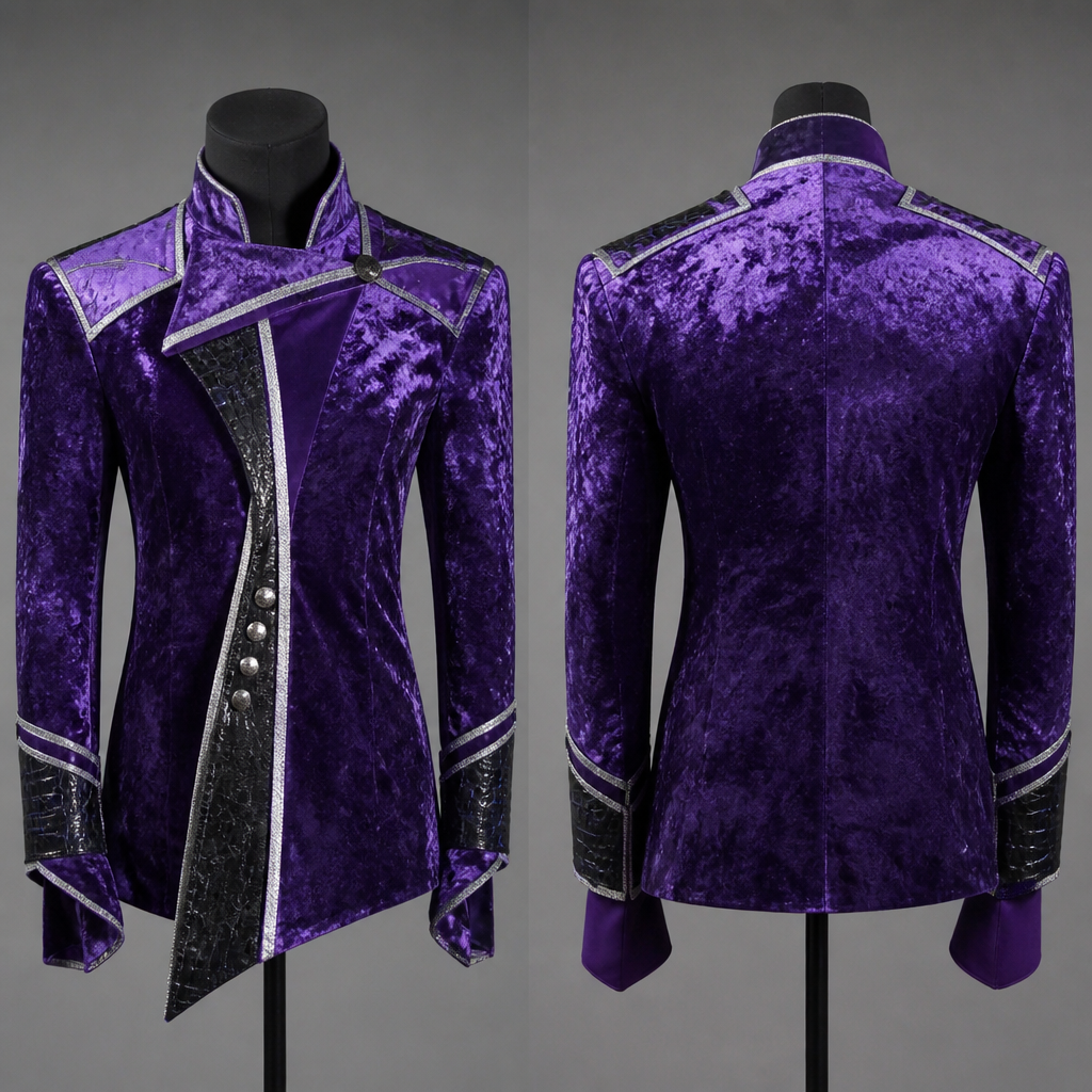 A Male Top design, made of Velvet, for Party, suitable for Summer. 超宇宙刑事ギャバンインフィニティにででるギャバンライアかざなみくるみむらさきのいろのふく. Japan fashion aesthetics.
photorealistic fashion design, A Male Top design, made of Velvet, for Party, suitable for Summer. 超宇宙刑事ギャバンインフィニティにででるギャバンライアかざなみくるみむらさきのいろのふく. Japan fashion aesthetics., just the design no text, show front and back