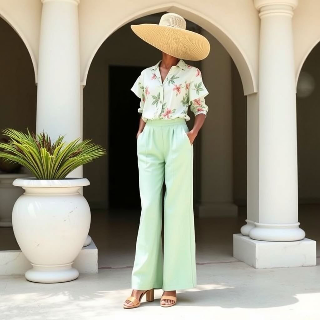 Resort pants and shirt wear style channel chic comfy
Create an elegant resort outfit featuring wide-legged, flowy pants crafted from lightweight linen in a soft seafoam green hue. Pair them with a tailored, off-the-shoulder blouse adorned with delicate, hand-painted tropical floral patterns. Complete the look with strappy, espadrille wedges and oversized sun hat, evoking a relaxed yet sophisticated vibe.
