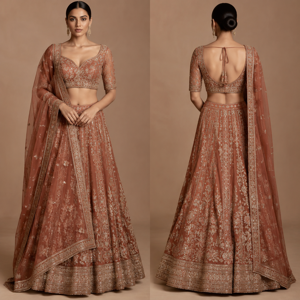 terracotta earth soft tones with metallic threads
photorealistic fashion design, terracotta earth soft tones with metallic threads, just the design no text, show front and back