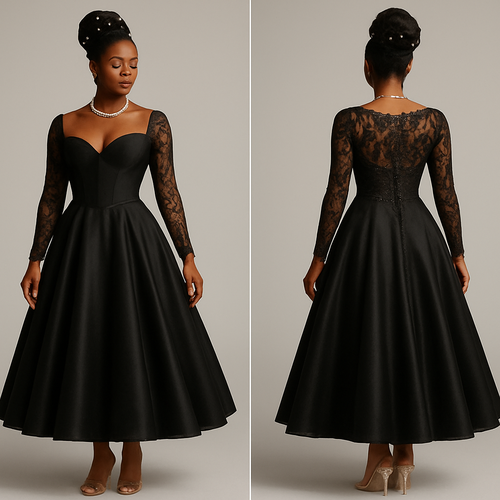 Black woman
Updo with pearls 
Diamond necklace and diamond bracelet 
Ballroom style dress with 
Breast cut 
Lifted up chest
Lace sleeves with clear designs 
Clear heels