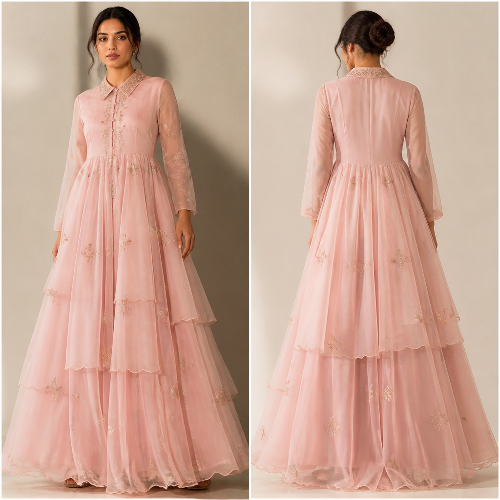 ek dress jisme light pink colour ka layer wala gown ho or bohot hi unique gown iska gala design me colar ho or colar ka patti me work or dekhne me hi aaramdayak kapda. lage or usme pura me halka halka design ho pura simple na ho jisse or bhi acha lage. India fashion aesthetics.
photorealistic fashion design, ek dress jisme light pink colour ka layer wala gown ho or bohot hi unique gown iska gala design me colar ho or colar ka patti me work or dekhne me hi aaramdayak kapda. lage or usme pura me halka halka design ho pura simple na ho jisse or bhi acha lage. India fashion aesthetics., just the design no text, show front and back