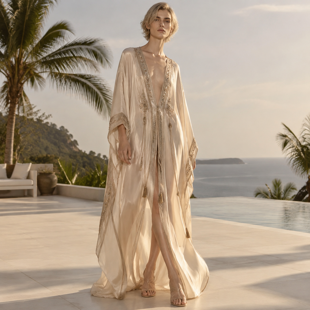 A Kaftan design, made of Silk, with a light, flowing drape, with a Tailored silhouette, with a minimal-coverage cut, in a Neutrals color palette, for Date Night, suitable for Summer, suited to a Tropical climate, in Glamorous + Gender Fluid + Decora style, shown on a model with fair skin and a slim figure Present it as professional fashion catalogue photography: the garment is the subject, shown full-length with editorial styling, neutral posing and tasteful, non-suggestive framing.
photorealistic fashion design, A Kaftan design, made of Silk, with a light, flowing drape, with a Tailored silhouette, with a minimal-coverage cut, in a Neutrals color palette, for Date Night, suitable for Summer, suited to a Tropical climate, in Glamorous + Gender Fluid + Decora style, shown on a model with fair skin and a slim figure Present it as professional fashion catalogue photography: the garment is the subject, shown full-length with editorial styling, neutral posing and tasteful, non-suggestive framing., glamorous style, just the design no text