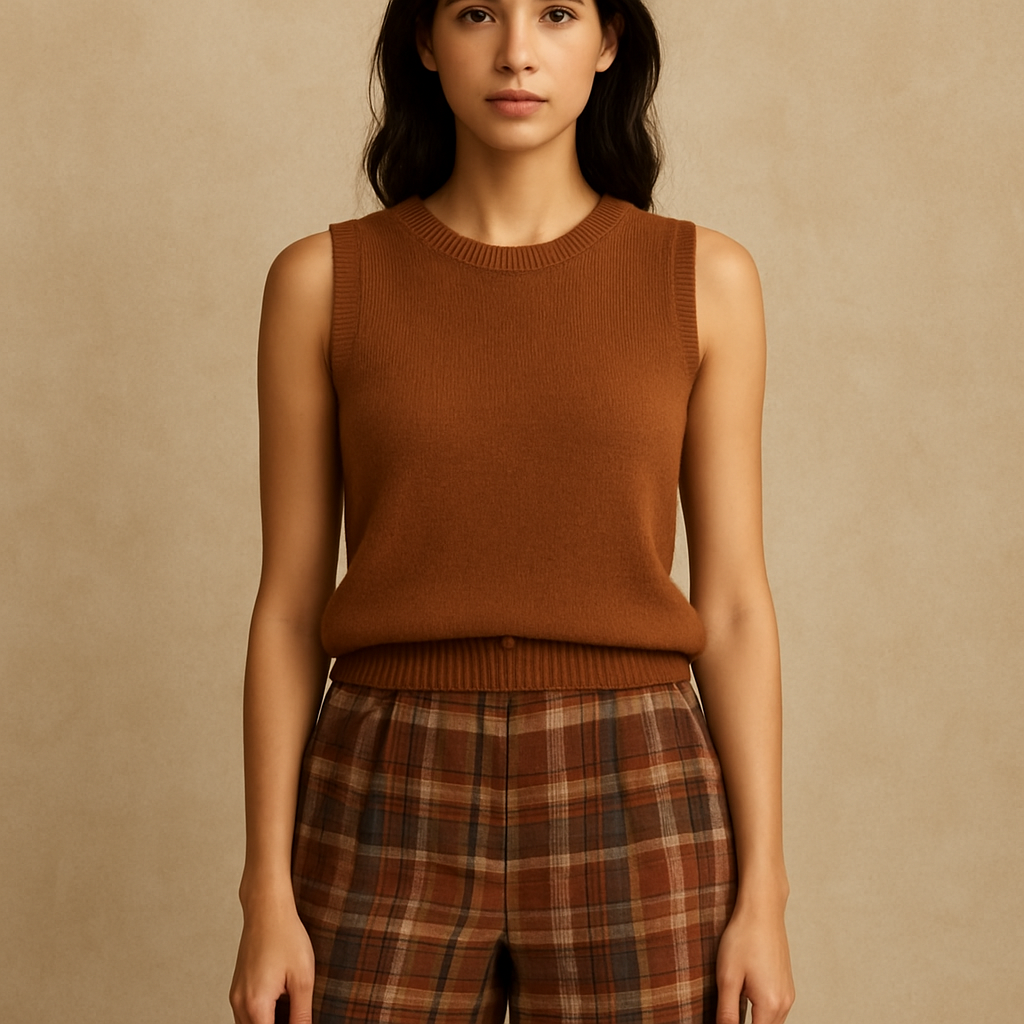 Earthy color Plaid bottoms/ sleeveless swearer top
On female
Earthy color Plaid bottoms/ sleeveless swearer top
On female