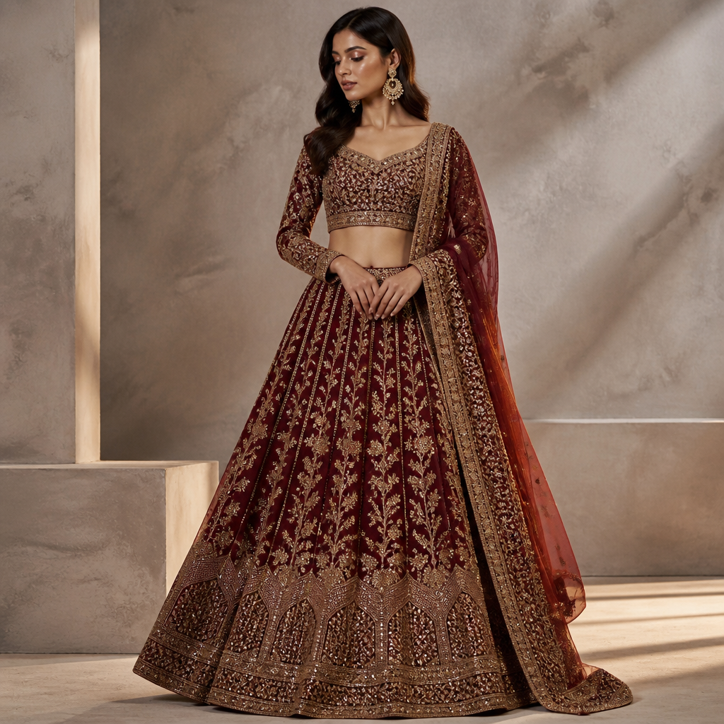 A Lehenga design. IQ fashion aesthetics. Current season is Autumn in IQ. Present it as professional fashion catalogue photography: the garment is the subject, shown full-length with editorial styling, neutral posing and tasteful, non-suggestive framing.
photorealistic fashion design, A Lehenga design. IQ fashion aesthetics. Current season is Autumn in IQ. Present it as professional fashion catalogue photography: the garment is the subject, shown full-length with editorial styling, neutral posing and tasteful, non-suggestive framing., just the design no text