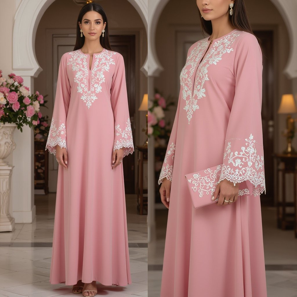 Main Fabric • Abaya color & texture: Soft pastel pink, with a matte finish and a lightly textured crepe surface. • Embroidery: The front is adorned with floral and leaf embroidery in off-white/light beige, stitched in a raised style for a feminine and luxurious touch. The embroidery covers a wide area of the chest and side. • Sleeves: Made from the same pink fabric, finished with a small trim of fine white lace peeking slightly at the wrist (an elegant and delicate detail). • Accessory (Clutch): A small clutch in matching pink fabric, decorated with the same floral white embroidery to harmonize with the overall design. • Final Details: Clean, sharp lines with a straight cut, reflecting a formal and refined style with a soft feminine touch thanks to the embroidery and pastel pink color. ✨ Overall look: feminine, refined, and very elegant — combining simplicity with luxury. ⸻ Overall Abaya Design • Cut: Full-length A-line (shoulder to floor) for flow and elegance. • Base Color: Soft pastel pink (same as in the image). • Collar: Slim blazer lapel or a soft round neckline to highlight the embroidery. • Closure: Hidden (zipper or inner snaps) to keep the focus on the embroidery. ⸻ Embroidery • Placement: • Extending from the shoulder down to the chest on one side (as in the reference image). • Optionally extended down to the waist or knee for added luxury. • Pattern: Raised floral and leaf motifs in off-white, made with silk threads or lace appliqué. • Enhancements: Subtle metallic threads (pale gold or silver) can be added for a refined evening touch. ⸻ Sleeves • Fabric: Same pastel pink crepe. • Detail: Finished with a touch of delicate white lace peeking slightly at the wrist, adding grace and elegance. • Alternative: For a more luxurious option, a full lace sleeve; but the original design (fabric with lace trim) already achieves a sophisticated balance. ⸻ Accessory (Clutch) • Fabric: Same pastel pink crepe as the abaya. • Embroidery: Matching white floral embroidery on part of the clutch for harmony. • Size: Medium rectangular shape with soft rounded edges. ⸻ Recommended Fabrics • Outer (for the abaya): • Premium crepe (soft matte finish, as in the reference). • Or silk-wool blend for a heavier, more luxurious drape. • Embroidery: Lace appliqué or hand embroidery with silk threads in off-white. • Lining: Bemberg rayon or cotton sateen in light pink for added comfort and smoothness. ⸻ Final Style • Full-length abaya with white embroidery detail on one side. • Sleeves finished with delicate lace trim. • Matching clutch in the same fabric with embroidery. • The overall effect conveys a luxurious evening or formal reception style, while maintaining a soft feminine elegance.
Designer fashion: **Prompt:** A-line pink abaya, matte crepe. Raised white floral embroidery on chest. Sleeves with white lace cuff. Matching embroidered clutch. Clean, straight cut. Formal, elegant.