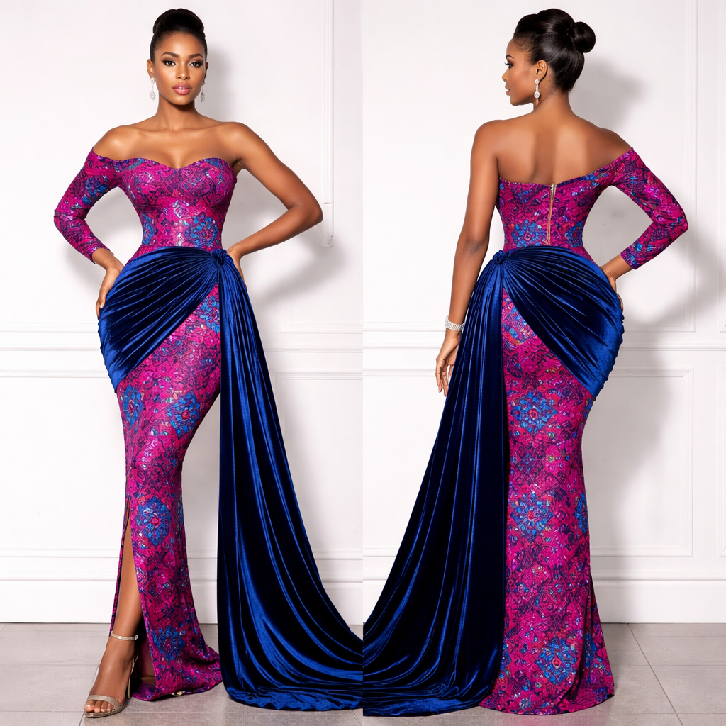 Pink and blue Ankara in a fitted gown with a draping wrapper by the waist in velvet color
Pink and blue Ankara in a fitted gown with a draping wrapper by the waist in velvet color, show front and back