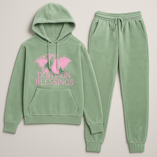 brand name “The Modest Fleur,” but the vision is street wear / luxury. trying to keep modest ,classy but cool. since it's winter, i want to create some tracksuits, preferably pastel colours of all sorts. i like the strait pants with a tighter hoodie. i want the logo to be embroided saying "Built On Blessings" and the the words overlapping an outline of the world map or globe in pink embroiderey, modern sans-serif with a better fit for every body type, detailed world map would be more intricate & eye catching for certain! lets try the pastel sage first, mauve next & the rest of options you prices fillings. tracksuit mockup would be preferred, perhaps an asymmetrical pant and top velour material for women I want my brand name on it