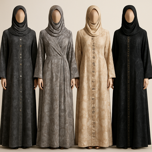 Create a modest two piece abaya, first of its kind, featuring a unique stone design that exudes a classy and sophisticated vibe. I'd like four designs, each showcasing different styles and fabrics. Incorporate high-end, unique chic stone designs to make them truly special. Add little sophisticated stone designs. Make it irresistible for customers 