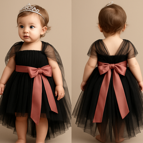 1歳の女の子のベビードレス着用画
黒のチュールドレス、前が短くて後ろが長いスカート、短長はっきりと
上半身は、細かいギャザーを寄せたベアトップのチュールのボディス
その上から同一色のチュールショルダーラップ、肩から膝上までをふんわり巻き付けるように、背中で左右のショルダーラップがくっつくように
胸下の切り返しにローズピンクのサテン生地の太めのリボンを前から一周巻いて、真ん中ではなく、左前あたりで大きくリボン縛り
リボンの結び目は前
頭には派手すぎないシルバーのティアラ