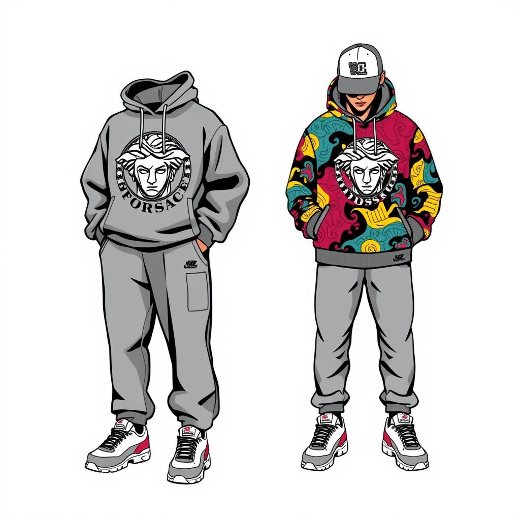 Vezmi mi prosím šedé tepláky a Versailles s logem na přední části tepláků
Create an urban streetwear ensemble featuring oversized gray sweatpants with a bold, graphic logo inspired by Versace emblazoned on the front. Layer a vibrant, patterned oversized hoodie that pays homage to street art culture. Finish with chunky, retro-inspired sneakers and a snapback hat for a complete, stylishly edgy look.