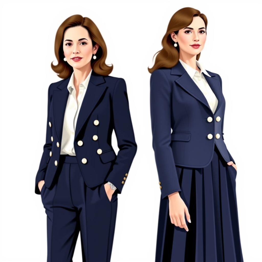 Mom and daughter
Design a timeless mother-daughter ensemble that celebrates classic fashion. The mother wears a tailored, double-breasted navy blazer over a crisp white blouse, paired with high-waisted trousers. The daughter mirrors her style in a chic, fitted blazer and pleated skirt, both adorned with vintage pearl buttons, creating an elegant and heartwarming cohesion.