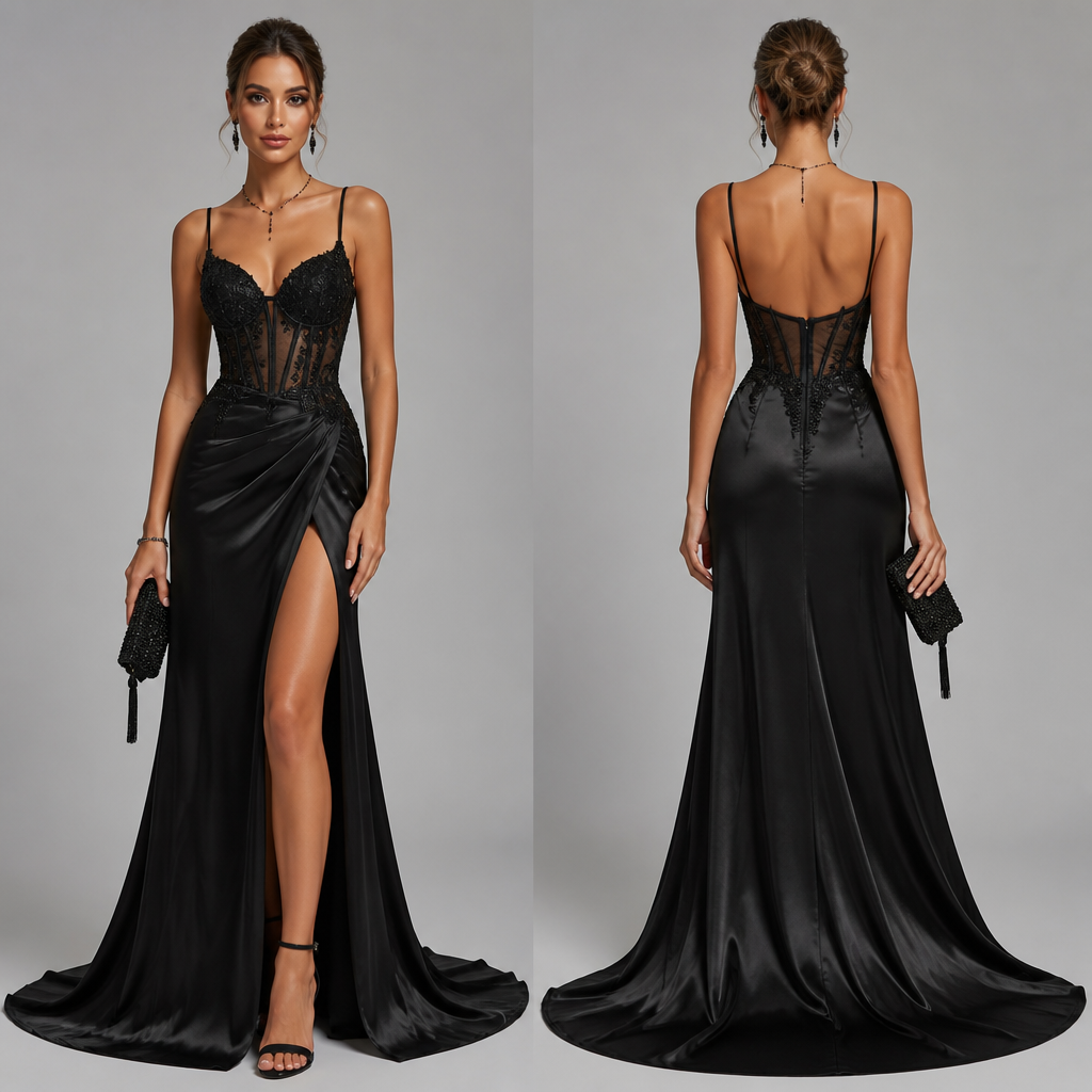 Black prom dress design with accessories
photorealistic fashion design, Black prom dress design with accessories, formal style, just the design no text, show front and back