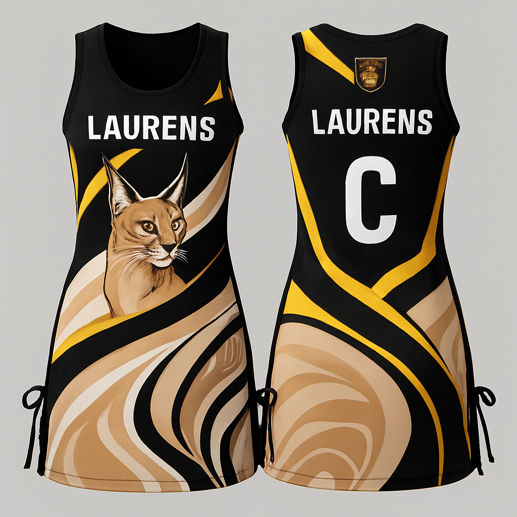 please create a netball dress with the following colours: black, white, beige and yellow. there must be a caracal somewhere and the school logo. it must have the school name and player’s name. It must have draw strings on the side. It must be very stylish and not basic. Please add nice patterns/designs
please create a netball dress with the following colours: black, white, beige and yellow. there must be a caracal somewhere and the school logo. it must have the school name and player’s name. It must have draw strings on the side. It must be very stylish and not basic. Please add nice patterns/designs, sporty style, show front and back